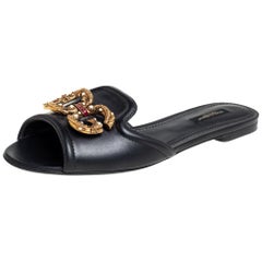 Dolce & Gabbana Black Leather DG Amore Logo Embellished Flat Slides Size 38.5