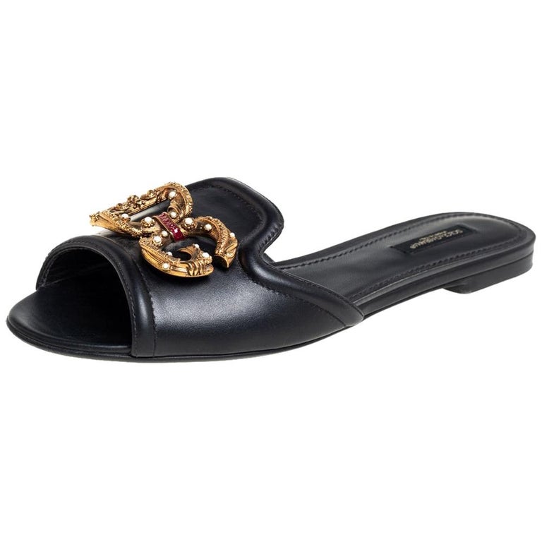 Mules Dolce & Gabbana Noir - Talon Plat 1,5 Cm - Cuir Et Raphia - Fabriqué En Italie