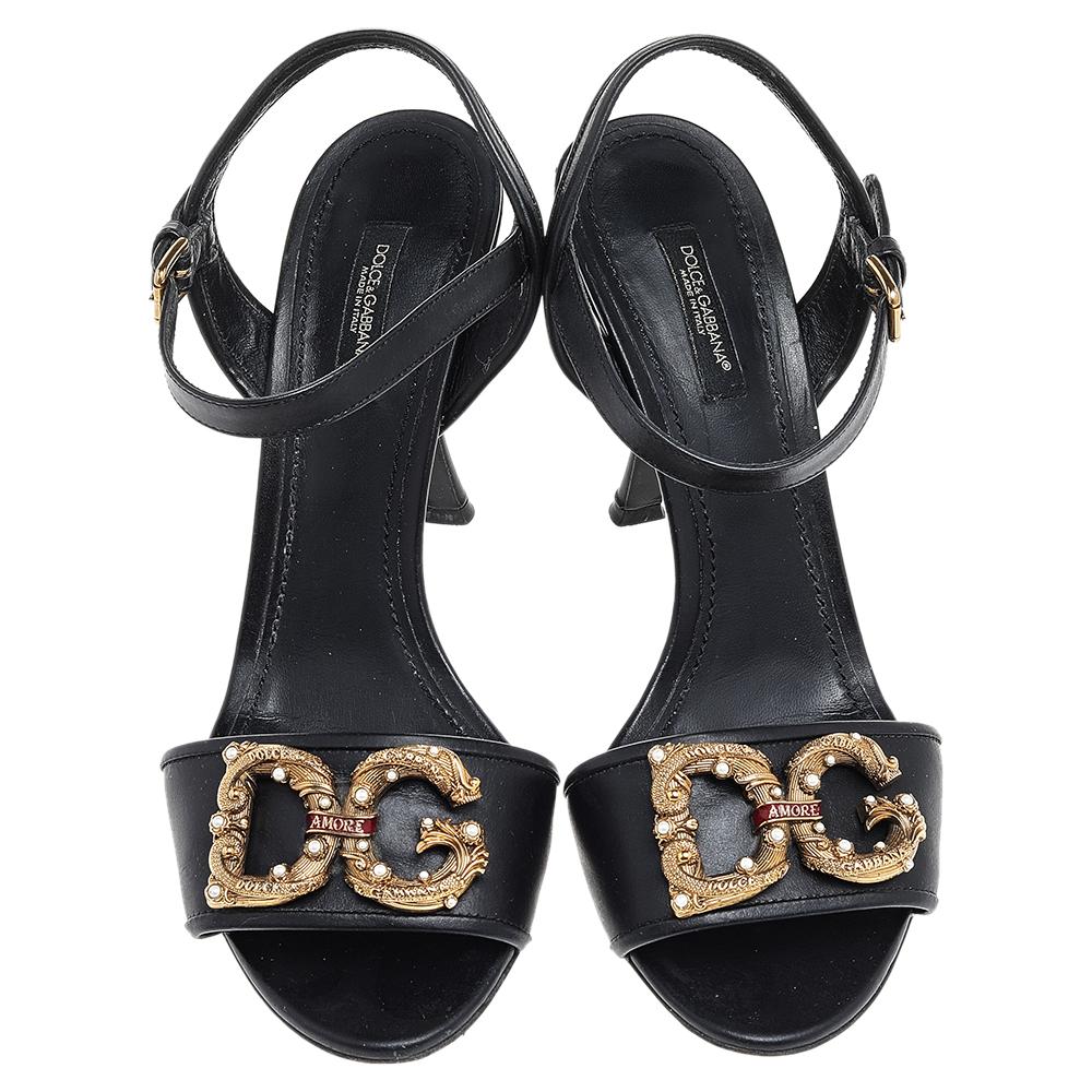 Women's Dolce & Gabbana Black Leather Embellished DG Amore Ankle Strap Sandals Size 39