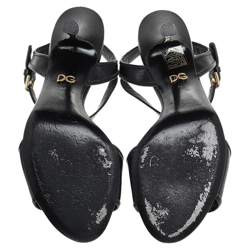 Dolce & Gabbana Black Leather Embellished DG Amore Ankle Strap Sandals Size 39 2