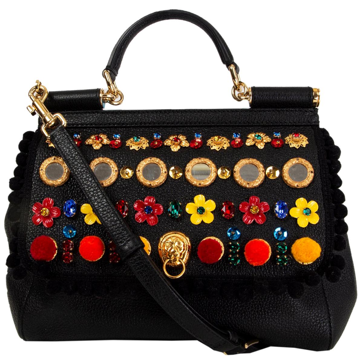 DOLCE & GABBANA black leather EMBELLISHED SICILY MEDIUM Shoulder Bag