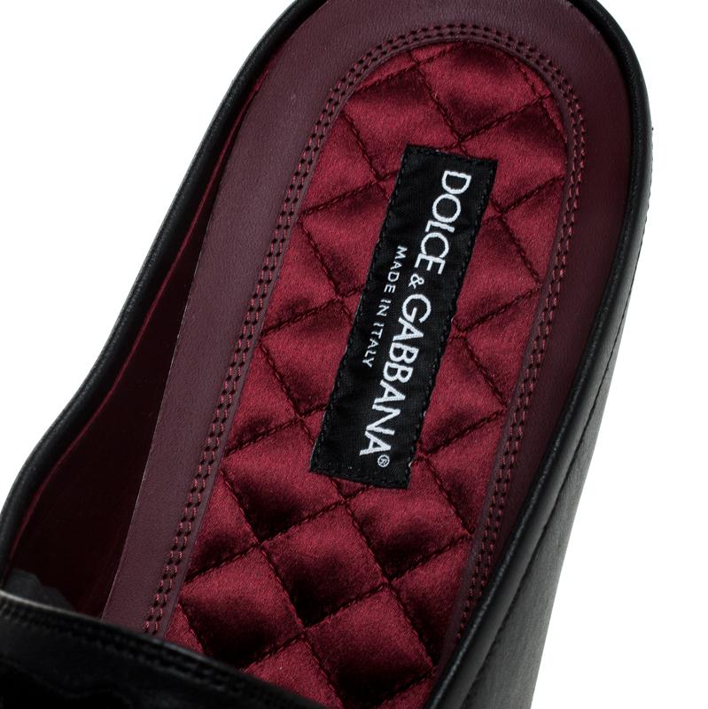 Dolce & Gabbana Black Leather Embroidered Logo Slip On Mules Size 44 3
