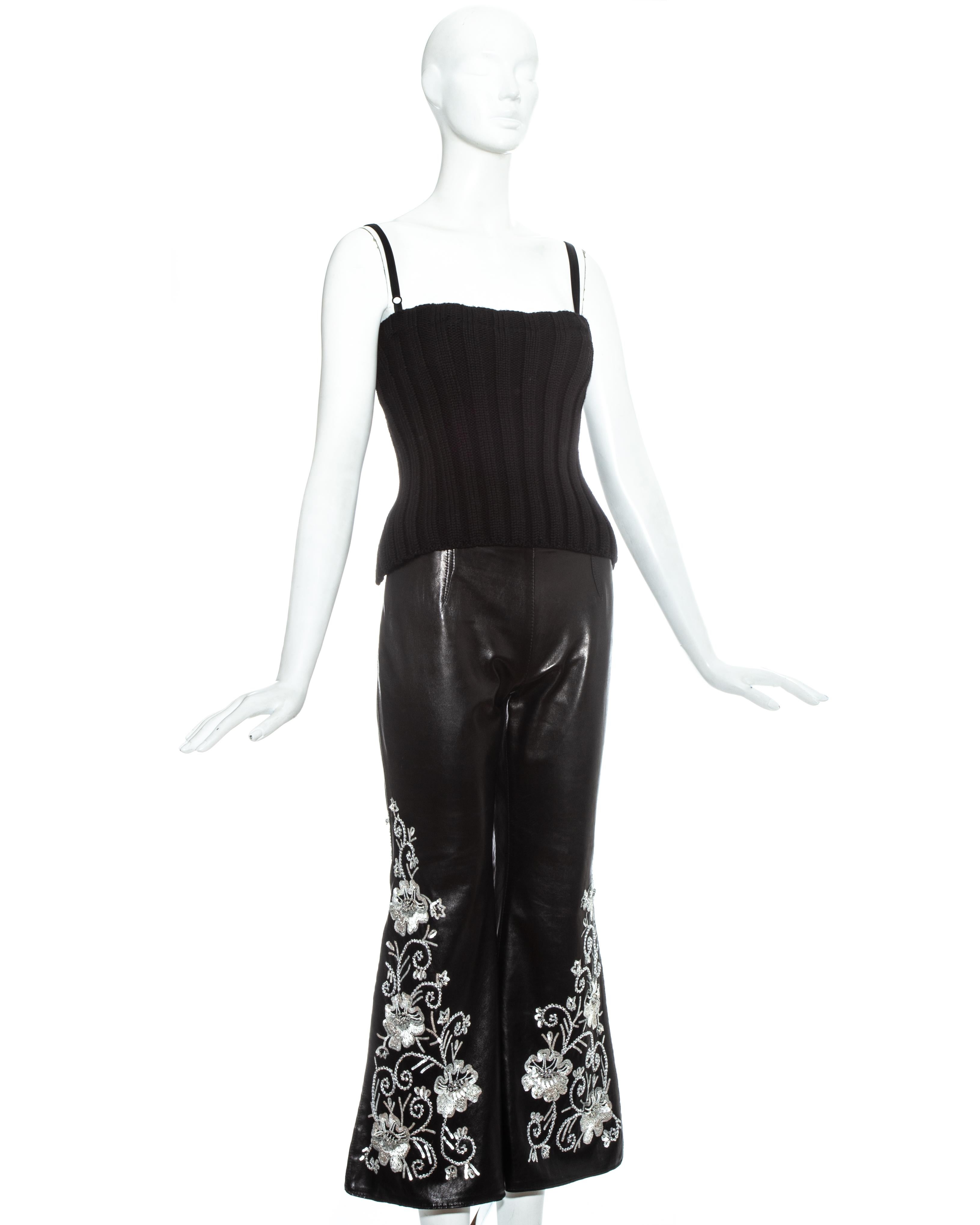 Women's Dolce & Gabbana black leather embroidered pants and knitted corset, fw 1999