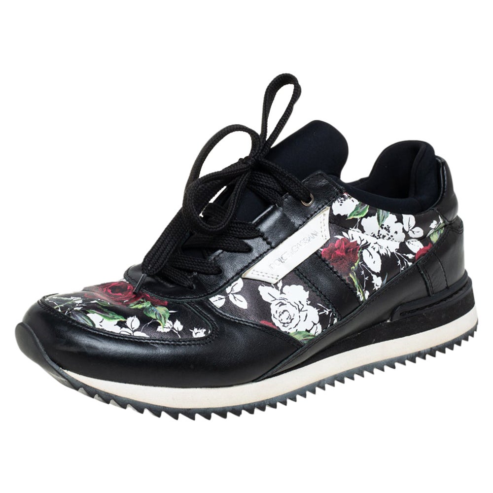Dolce & Gabbana Schwarz Leder Floral Print Low Top Sneakers Größe 38.5