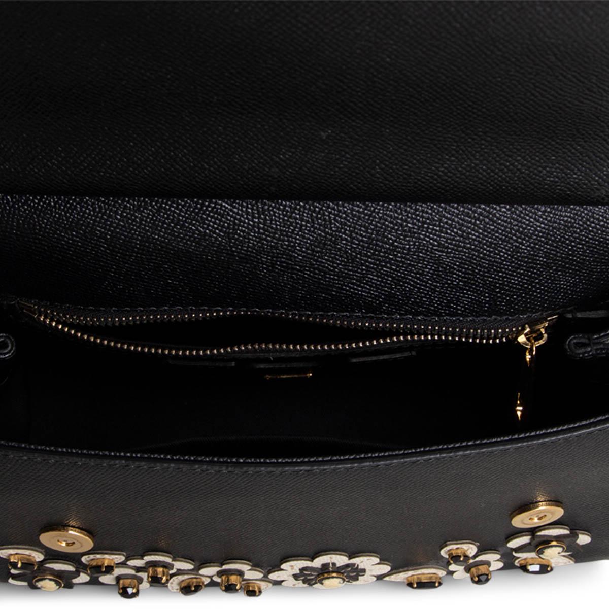 Women's DOLCE & GABBANA black leather FLOWER & CRYSTAL SICILY MEDIUM Shoulder Bag