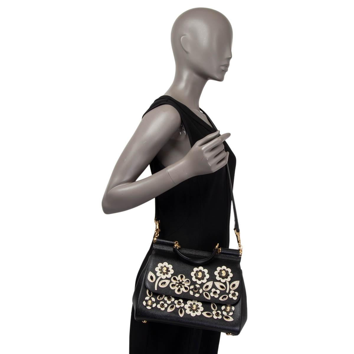 DOLCE & GABBANA black leather FLOWER & CRYSTAL SICILY MEDIUM Shoulder Bag 4
