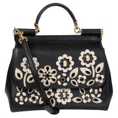 DOLCE & GABBANA black leather FLOWER & CRYSTAL SICILY MEDIUM Shoulder Bag