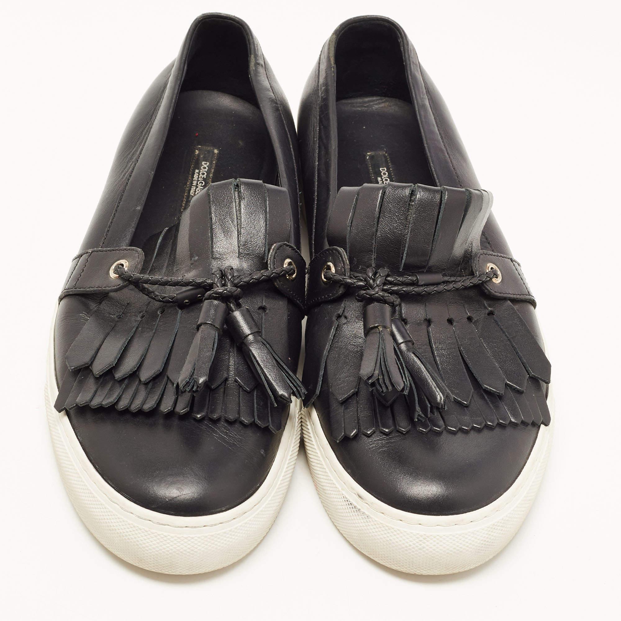 Women's Dolce & Gabbana Black Leather Fringe Slip On Sneakers Size 41.5 For Sale