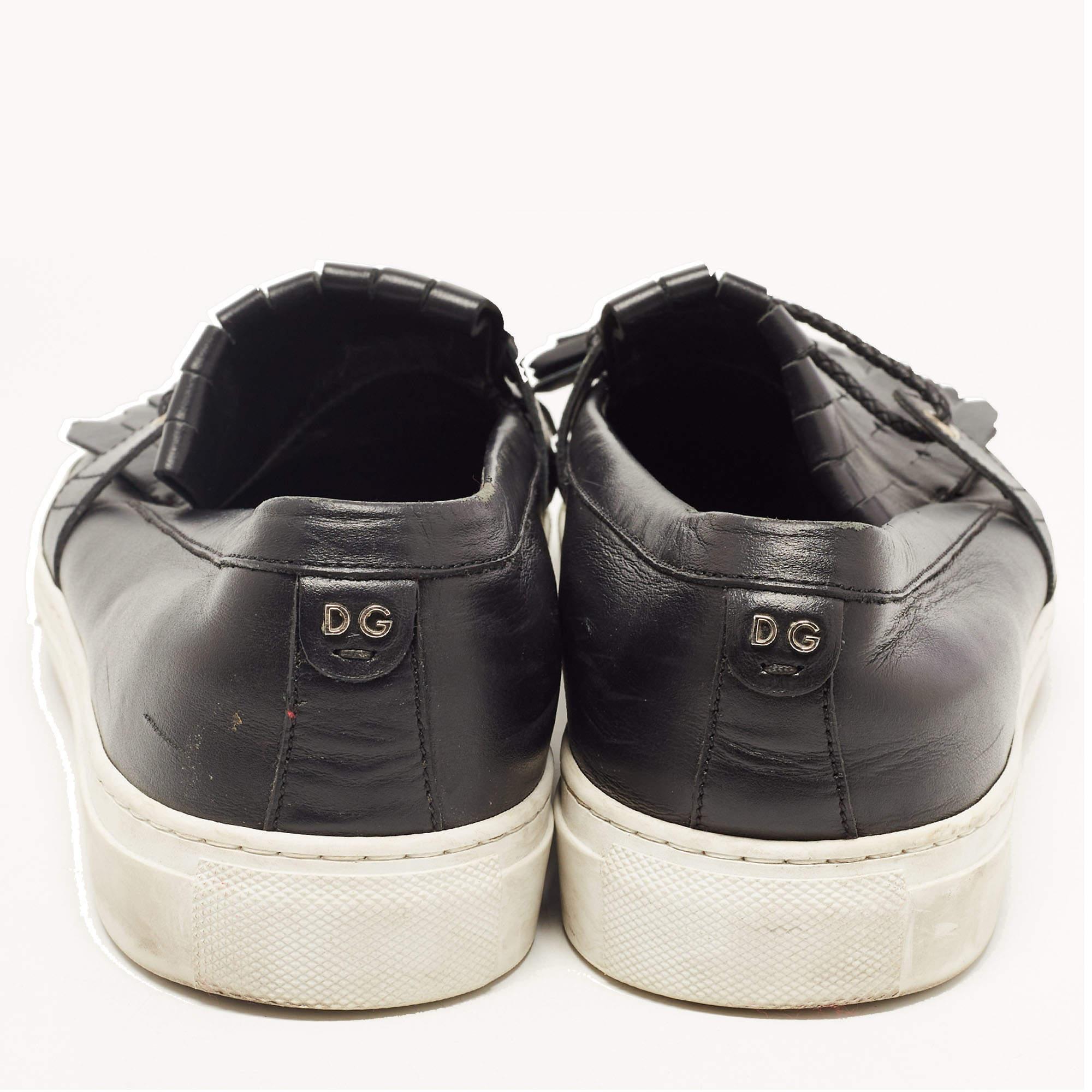Dolce & Gabbana Black Leather Fringe Slip On Sneakers Size 41.5 For Sale 3