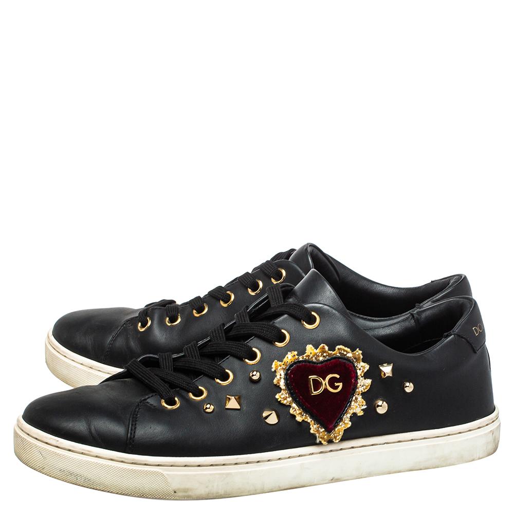 Women's Dolce & Gabbana Black Leather Heart Low Top Sneakers Size 38