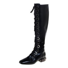 Dolce & Gabbana Black Leather Jackie Lace Up Knee Length Boots Size 38