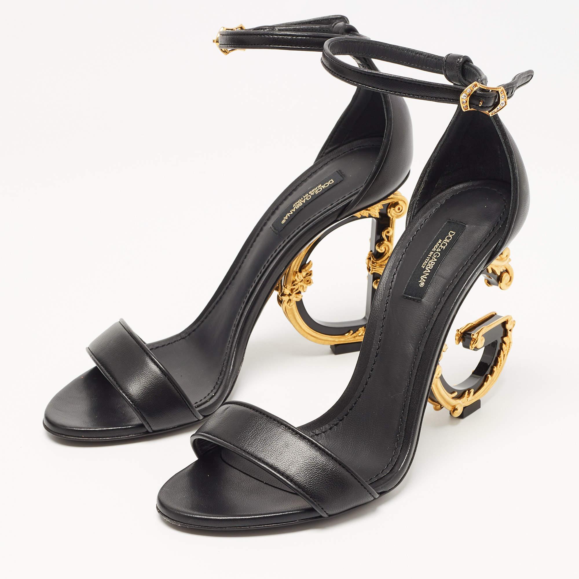 Dolce & Gabbana Black Leather Keira DG Heel Ankle Strap Sandals Size 38.5 2