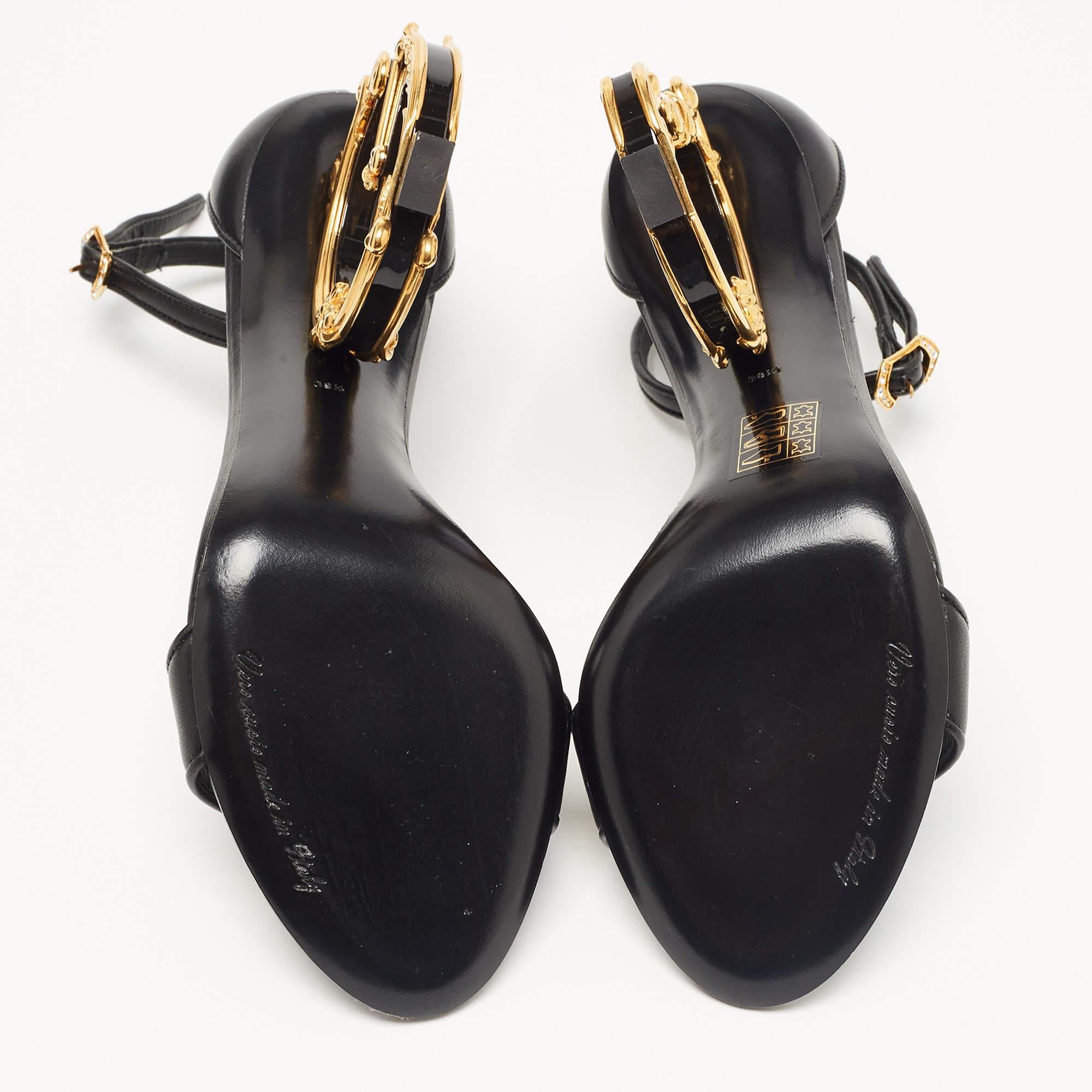 Dolce & Gabbana Black Leather Keira DG Heel Ankle Strap Sandals Size 38.5 5