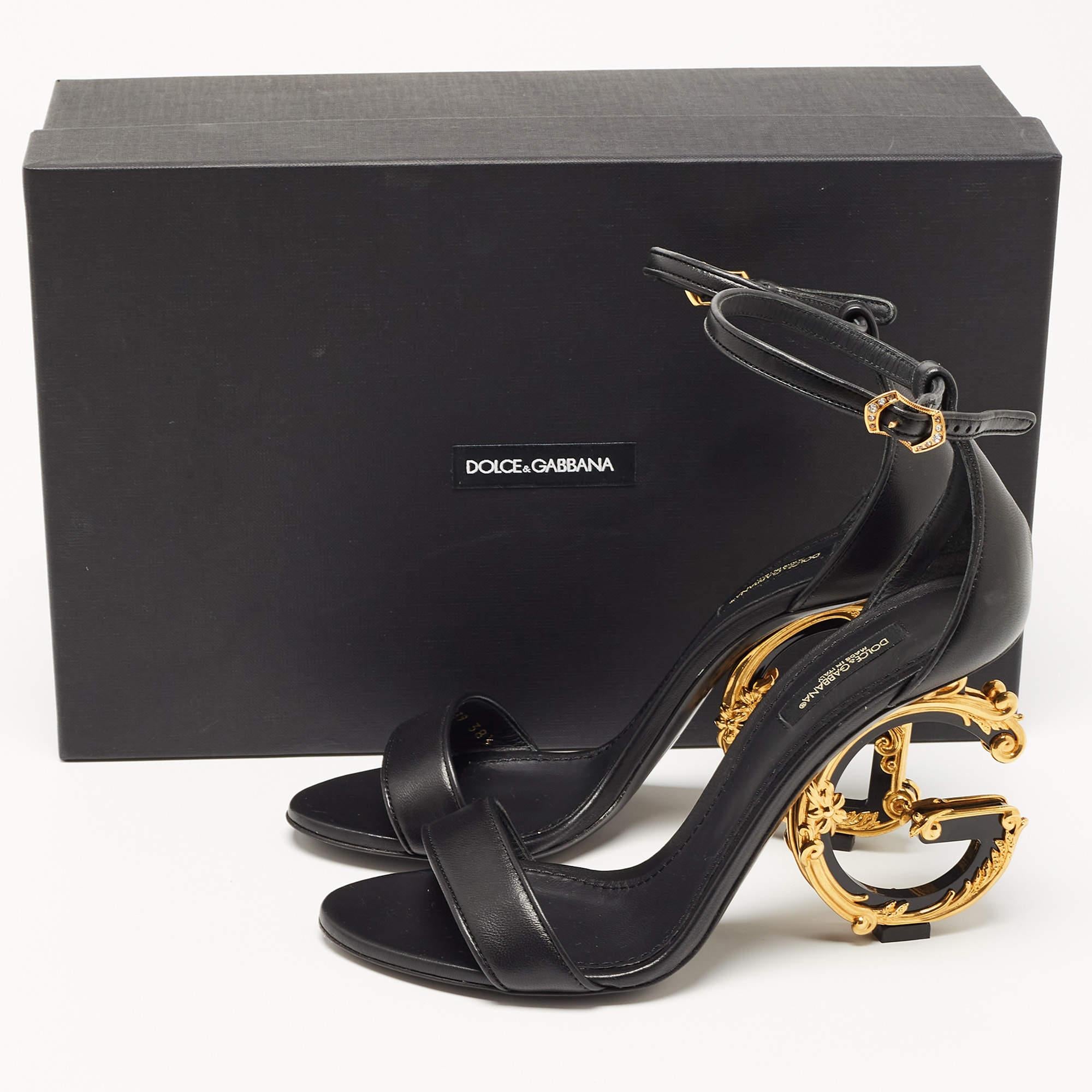 Dolce & Gabbana Black Leather Keira DG Heel Ankle Strap Sandals Size 38.5 6