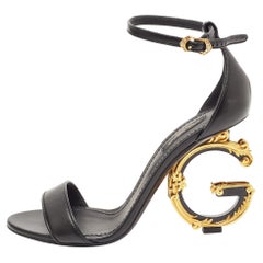 Dolce & Gabbana Black Leather Keira DG Heel Ankle Strap Sandals Size 38.5