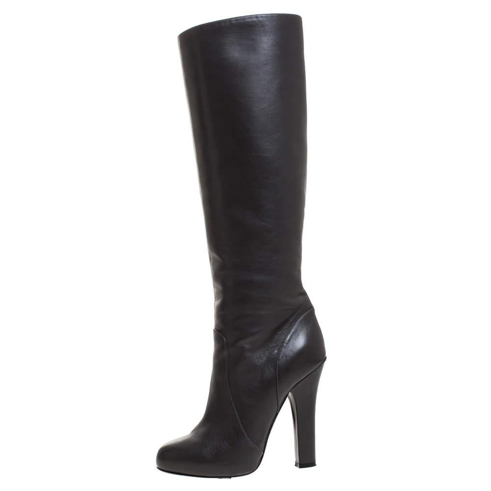 Dolce & Gabbana Black Leather Knee Length Platform Boots Size 36 For Sale 2