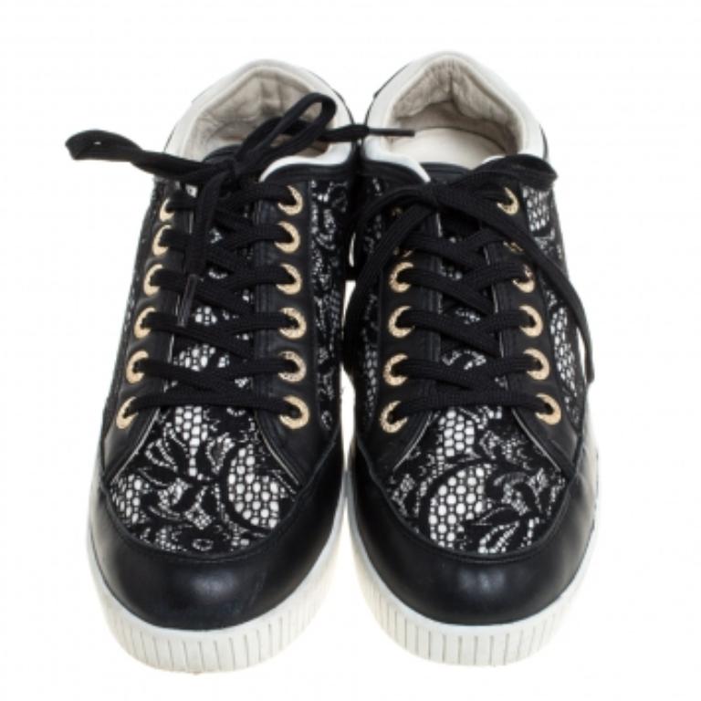 Dolce & Gabbana Black Leather/Lace, and Fabric Wedge Sneakers Size 38.5 In Good Condition For Sale In Dubai, Al Qouz 2
