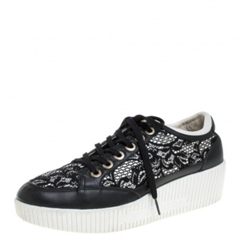 Women's Dolce & Gabbana Black Leather/Lace, and Fabric Wedge Sneakers Size 38.5 For Sale