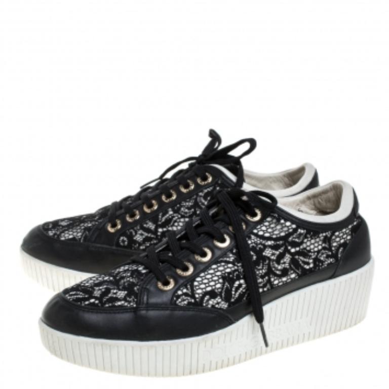 Dolce & Gabbana Black Leather/Lace, and Fabric Wedge Sneakers Size 38.5 For Sale 1