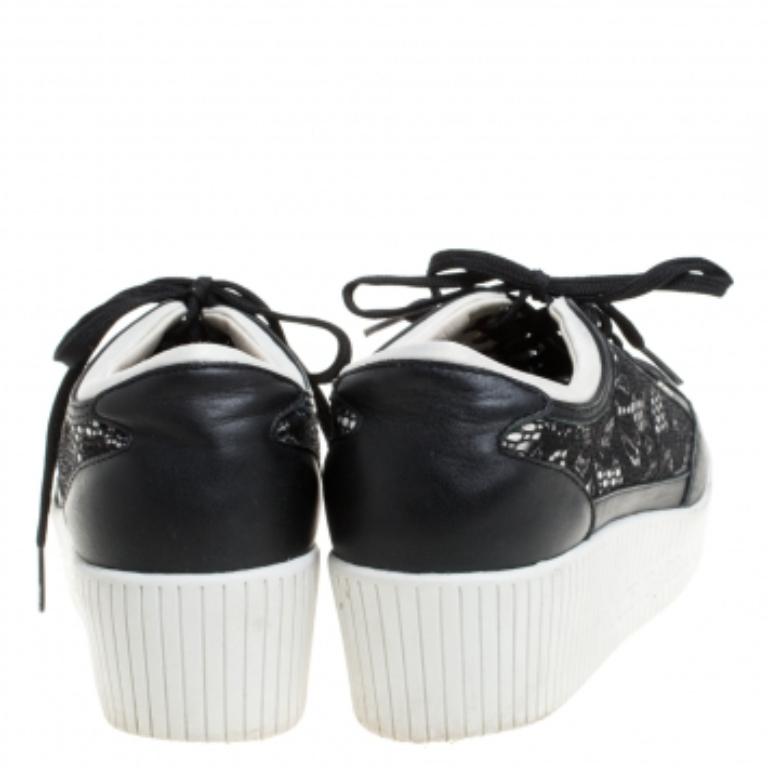 Dolce & Gabbana Black Leather/Lace, and Fabric Wedge Sneakers Size 38.5 For Sale 2