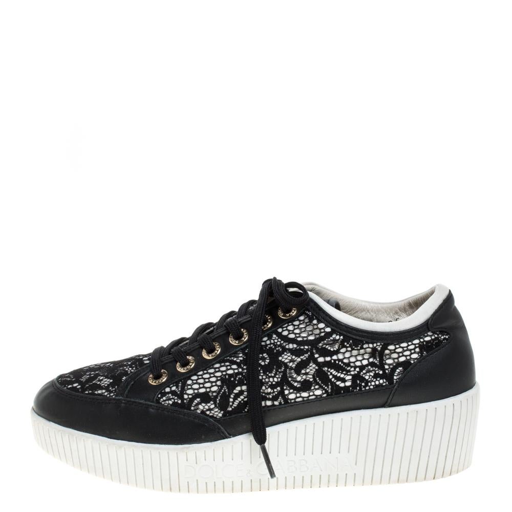 Dolce & Gabbana Black Leather/Lace, and Fabric Wedge Sneakers Size 38.5 For Sale 2