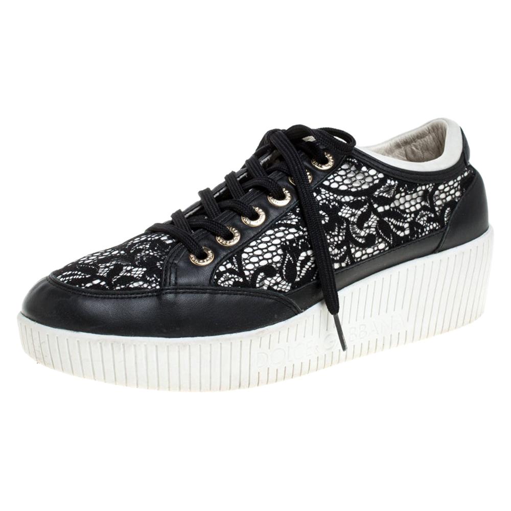 Dolce & Gabbana Black Leather/Lace, and Fabric Wedge Sneakers Size 38.5 For Sale