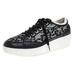 Used Dolce & Gabbana Black Leather/Lace, and Fabric Wedge Sneakers Size 38.5