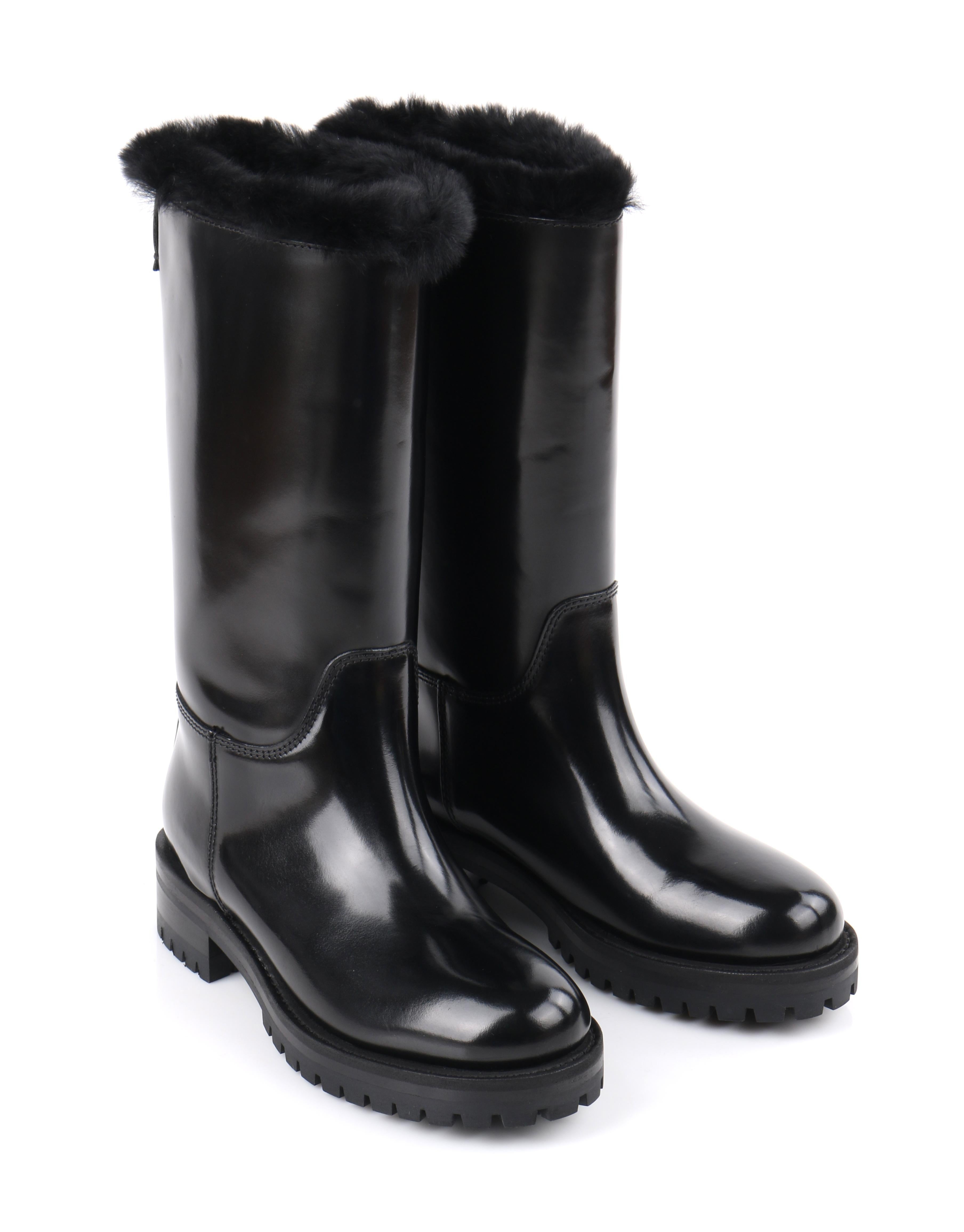DOLCE & GABBANA Black Leather Lapin Fur Lined Calf High Moto Cold Weather Boots In New Condition For Sale In Thiensville, WI