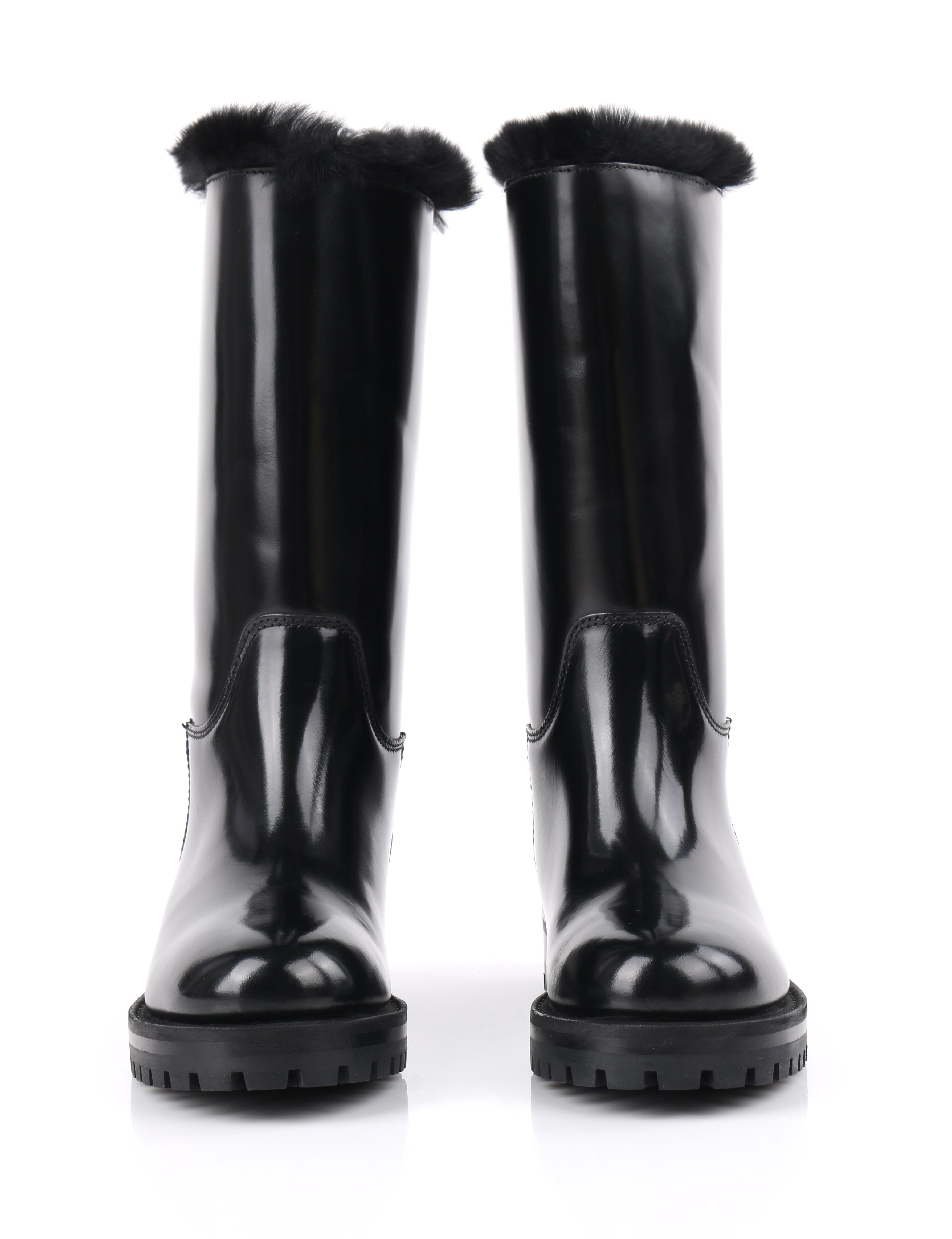 Women's DOLCE & GABBANA Black Leather Lapin Fur Lined Calf High Moto Cold Weather Boots For Sale