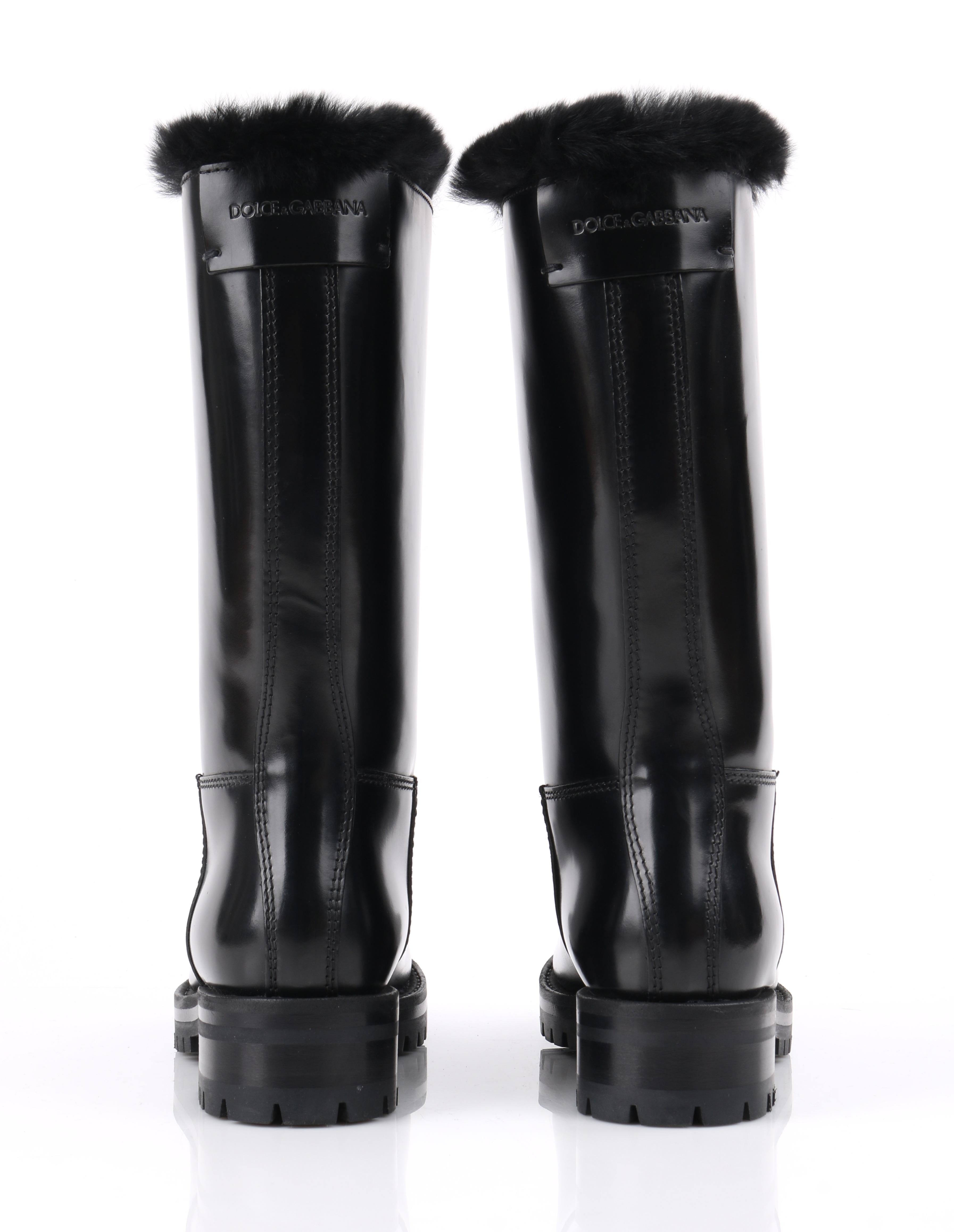 DOLCE & GABBANA Black Leather Lapin Fur Lined Calf High Moto Cold Weather Boots For Sale 1