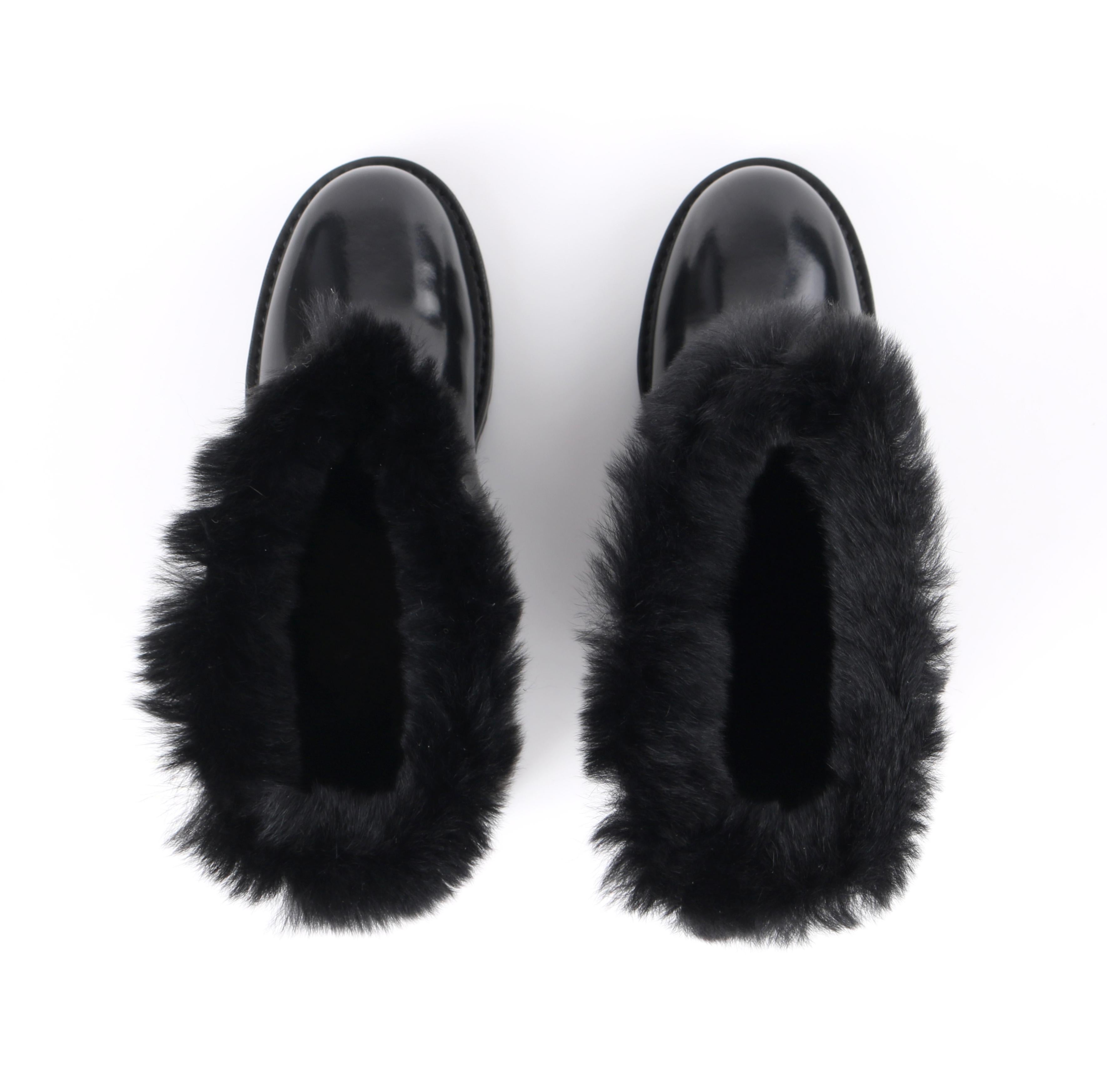 DOLCE & GABBANA Black Leather Lapin Fur Lined Calf High Moto Cold Weather Boots For Sale 2