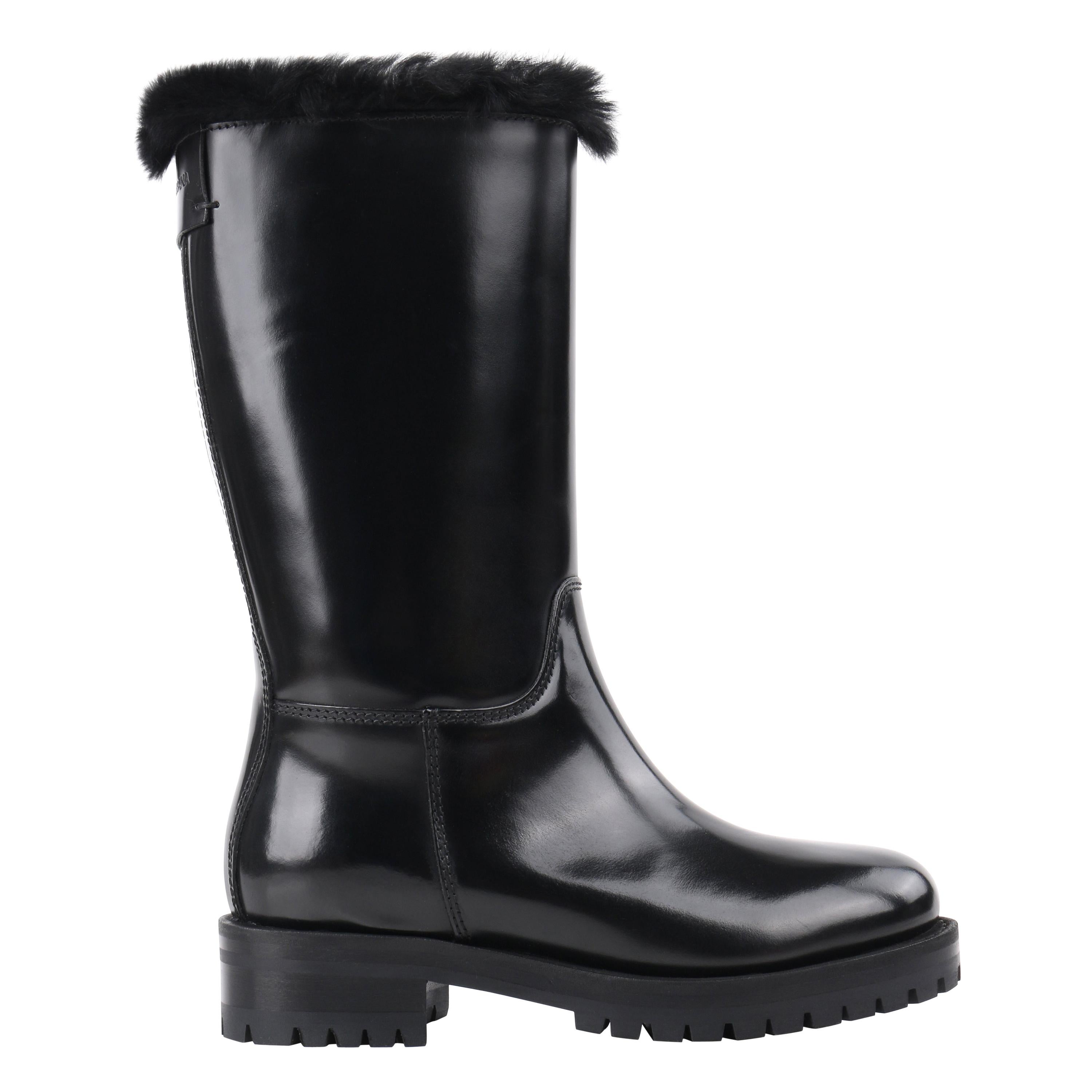 DOLCE & GABBANA Black Leather Lapin Fur Lined Calf High Moto Cold Weather Boots For Sale
