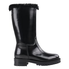 DOLCE & GABBANA Black Leather Lapin Fur Lined Calf High Moto Cold Weather Boots