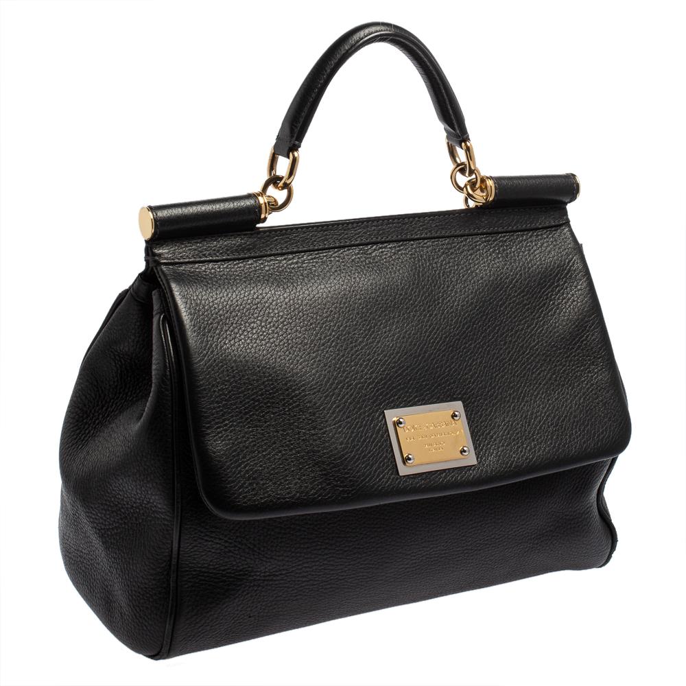 Dolce & Gabbana Black Leather Large Miss Sicily Top Handle Bag In Good Condition In Dubai, Al Qouz 2