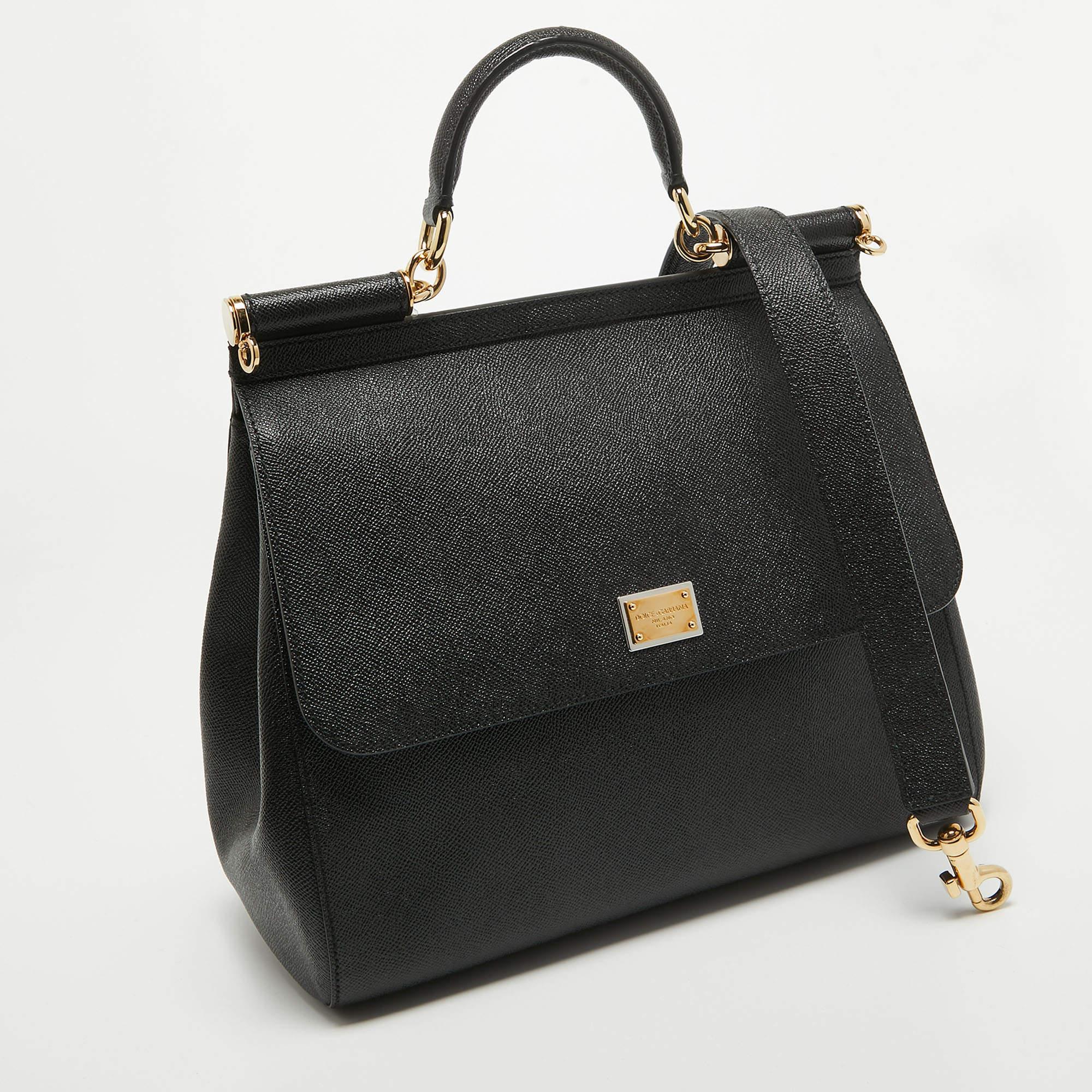 Dolce & Gabbana - Grand sac à poignée en cuir noir Miss Sicily en vente 4