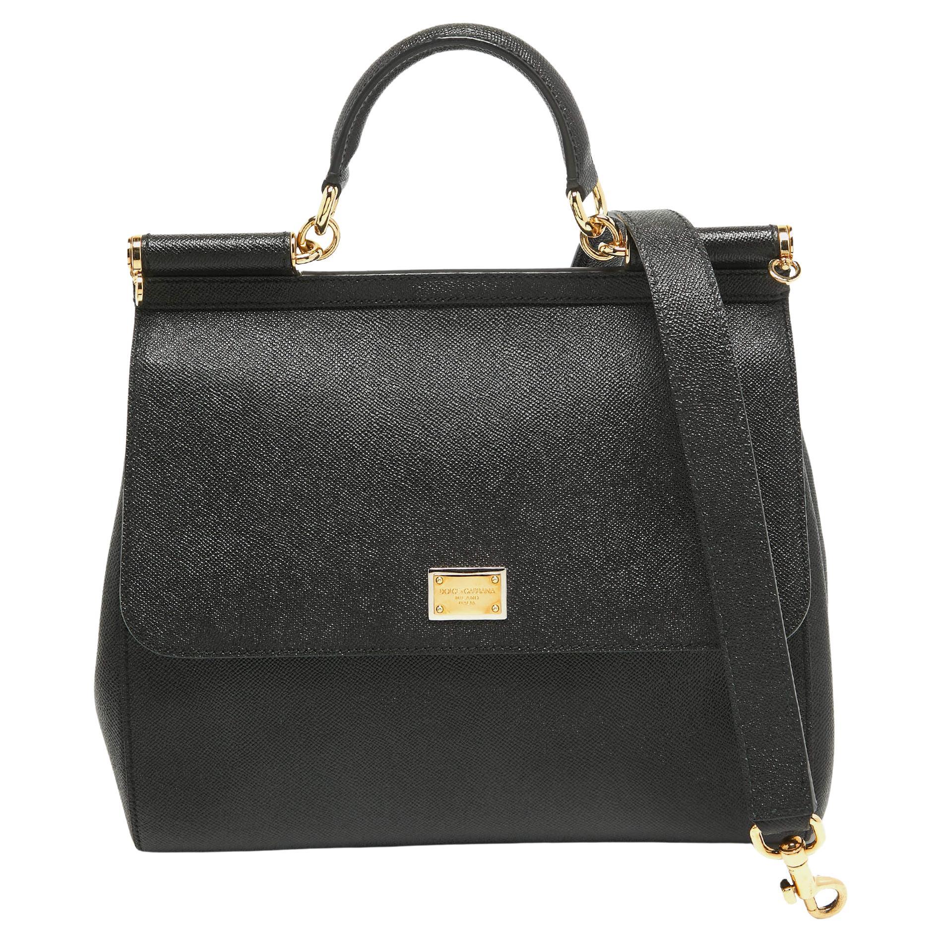 Dolce & Gabbana Black Leather Large Miss Sicily Top Handle Bag For Sale