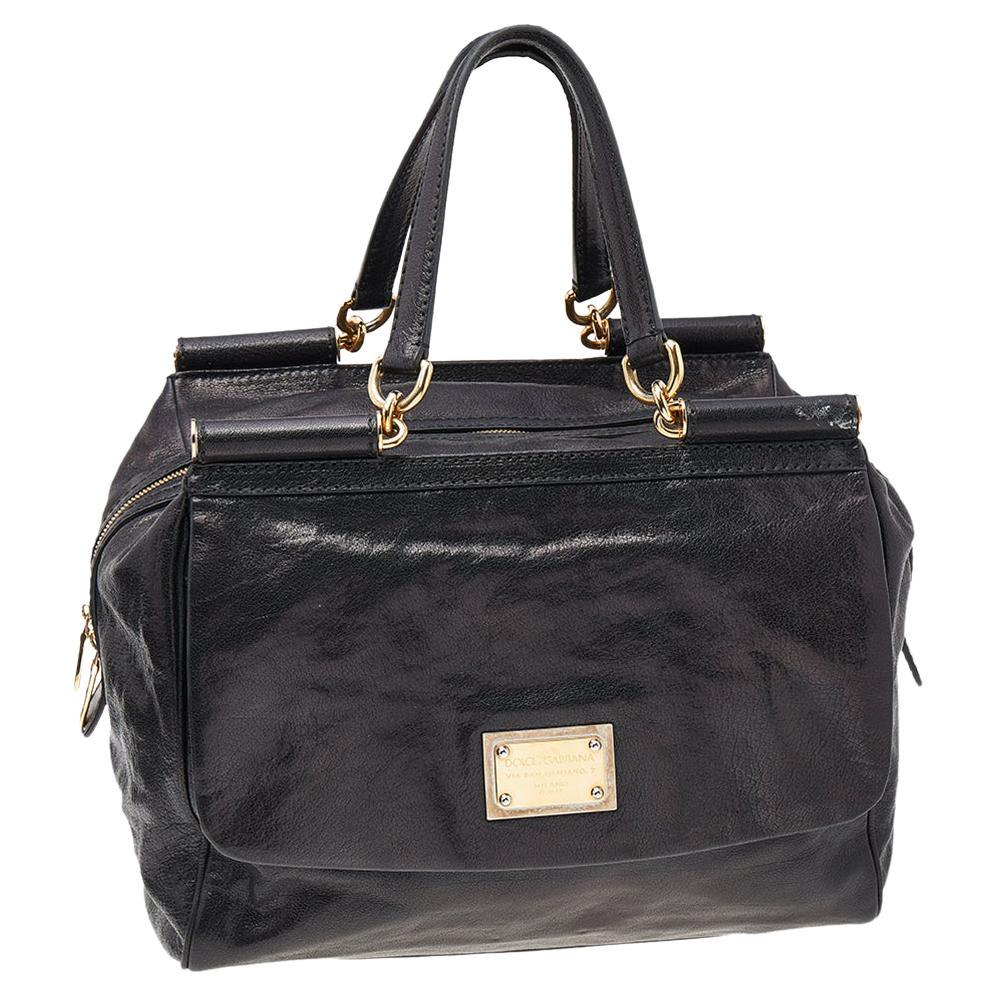 Dolce & Gabbana Black Leather Large New Miss Sicily Top Handle Bag