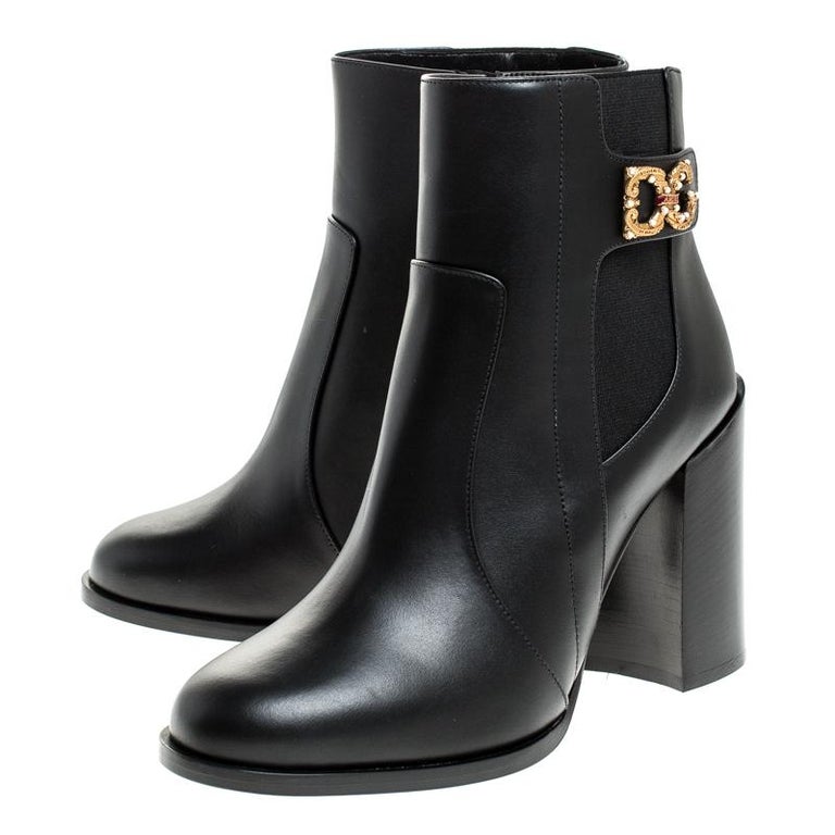 Dolce & Gabbana Black Padded Mid Calf Logo Heel Boots Shoes