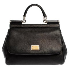 Dolce and Gabbana Black Leather Medium Miss Sicily Top Handle Bag at ...