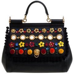 Dolce & Gabbana Schwarzes Leder Medium Sicily verschönert Top Handle Bag