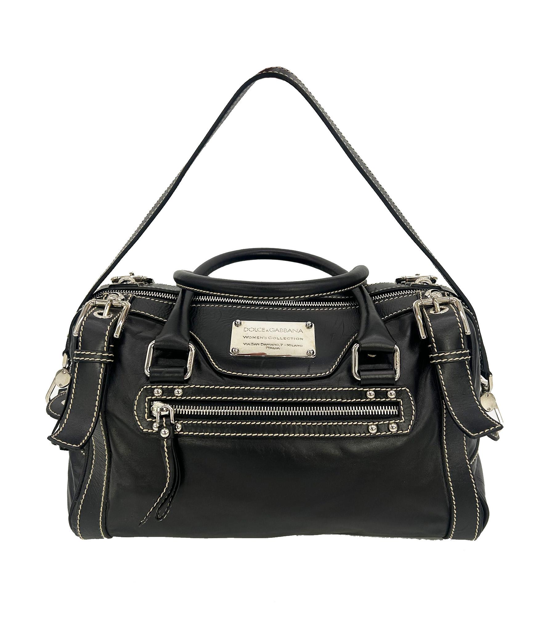 Dolce & Gabbana Black Leather Miss Easy Way Shoulder Bag Tote in very good condition. Black leather trimmed with silver hardware and cream topstitching in classic miss easy way boston duffle bag design. Double top handles and removable shoulder