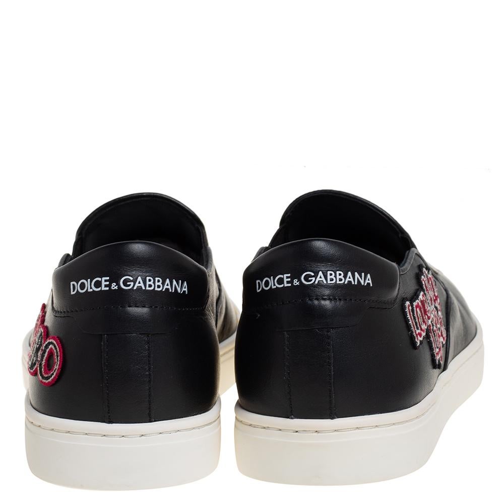 Dolce & Gabbana Black Leather Patch Slip On Sneakers Size 42 In New Condition In Dubai, Al Qouz 2