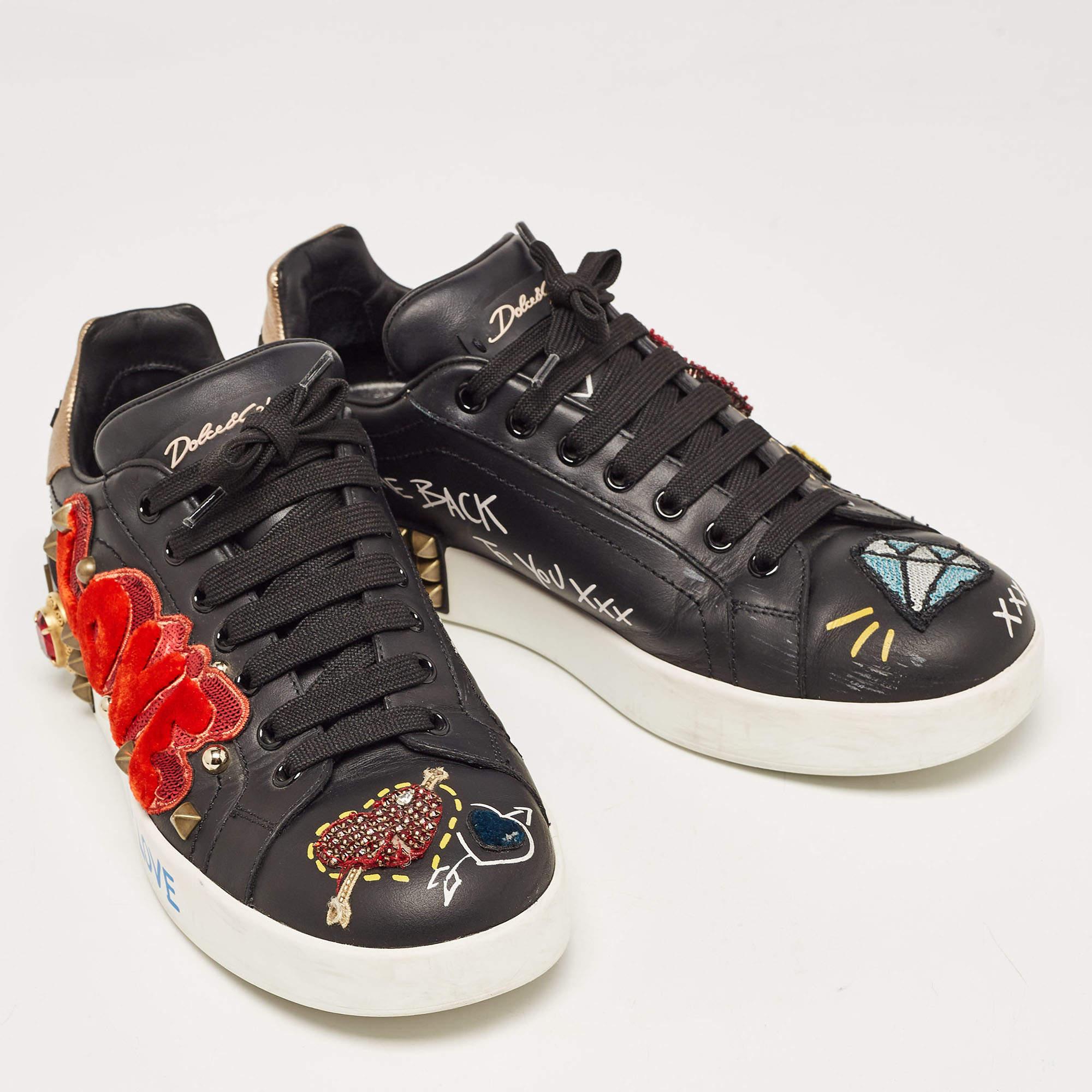 Women's Dolce & Gabbana Black Leather Portofino Embellished Low Top Sneakers Size 39 For Sale