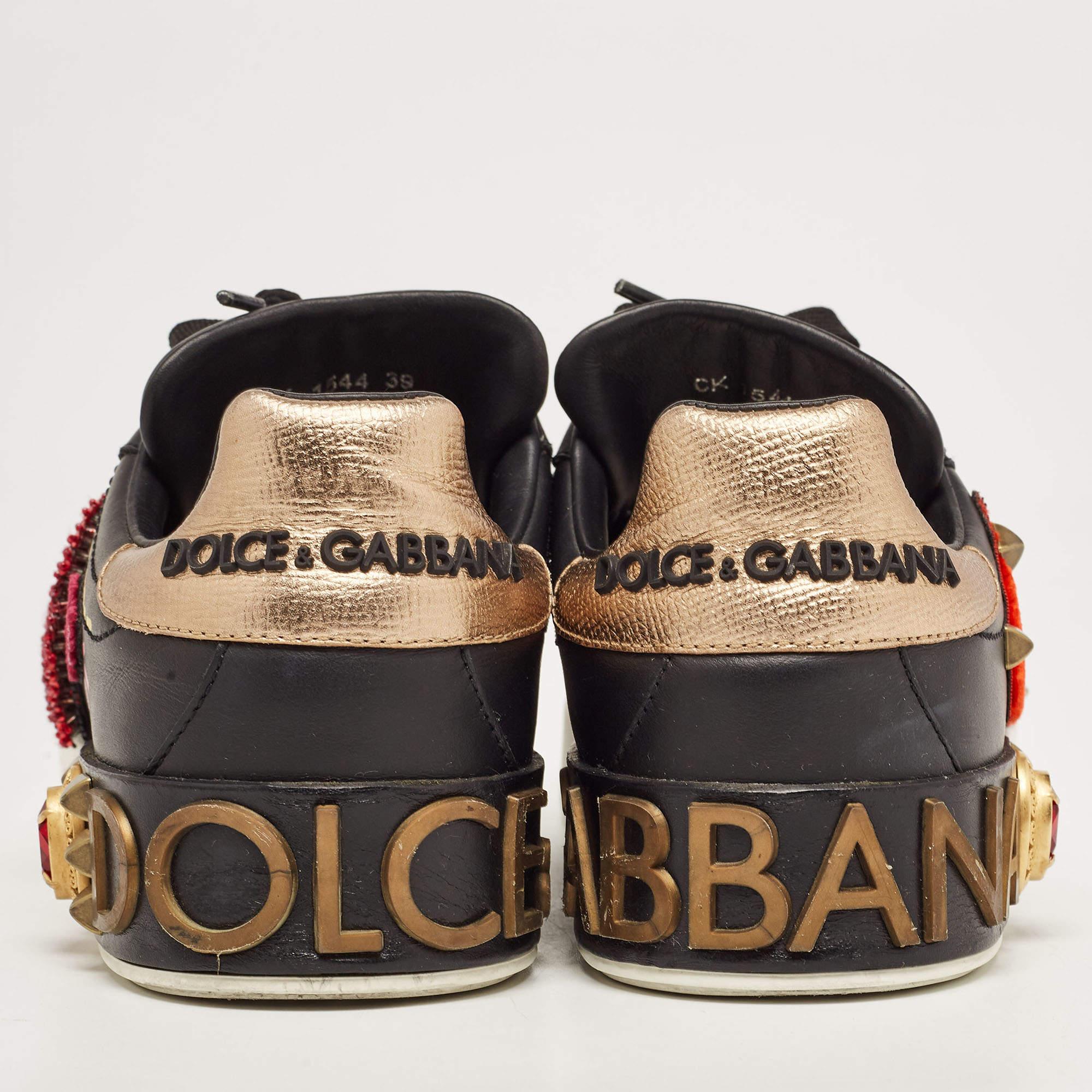 Dolce & Gabbana Black Leather Portofino Embellished Low Top Sneakers Size 39 For Sale 2