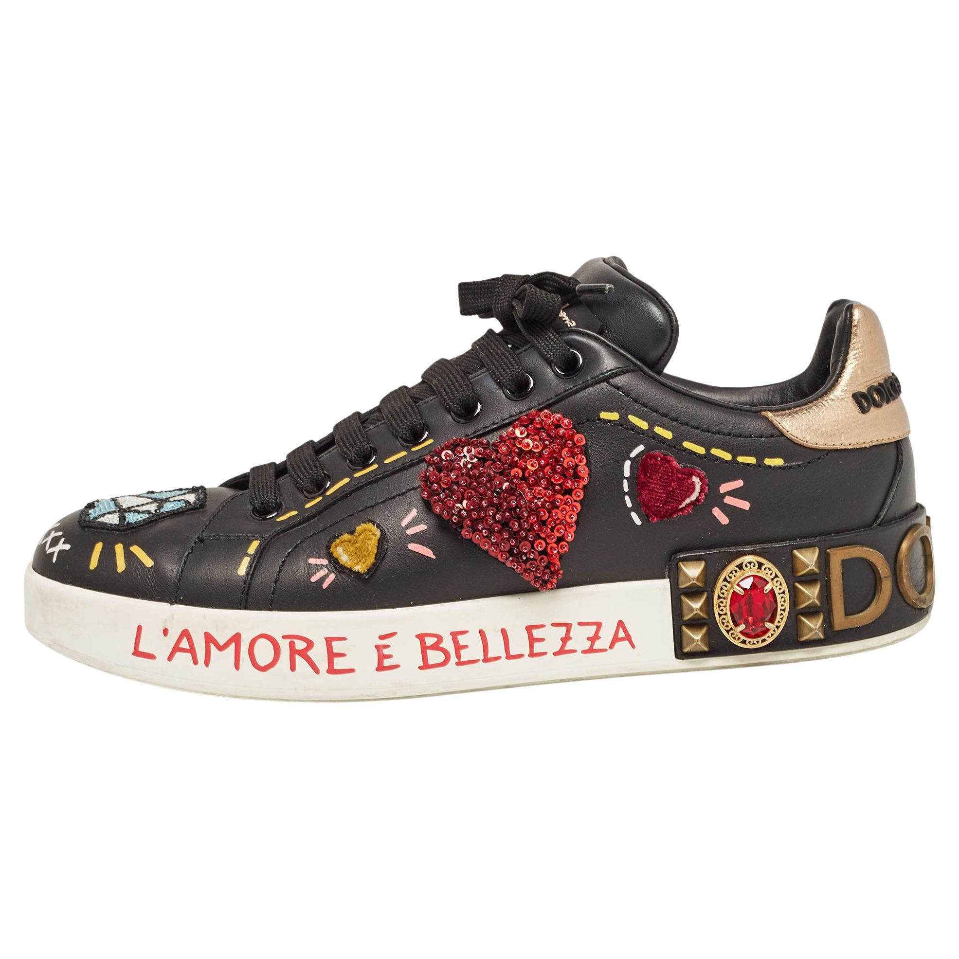 Dolce & Gabbana Black Leather Portofino Embellished Low Top Sneakers Size 39 For Sale