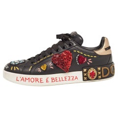 Dolce & Gabbana Black Leather Portofino Embellished Low Top Sneakers Size 39