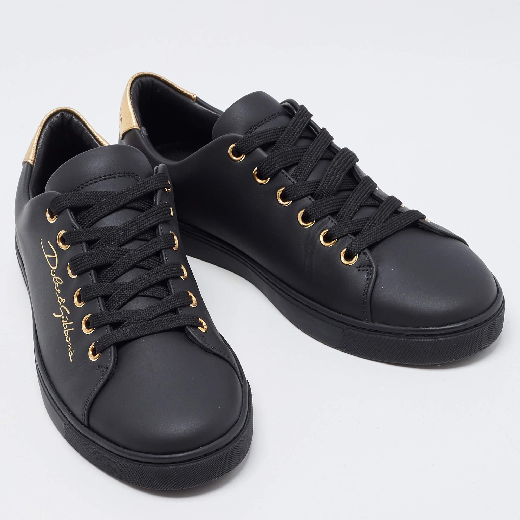 Dolce & Gabbana Black Leather Portofino Low Top Sneakers Size 37.5 In New Condition In Dubai, Al Qouz 2