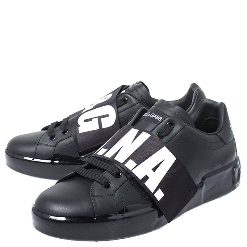 Dolce & Gabbana Black Leather Portofino Low Top Sneakers Size 43 In Good Condition In Dubai, Al Qouz 2