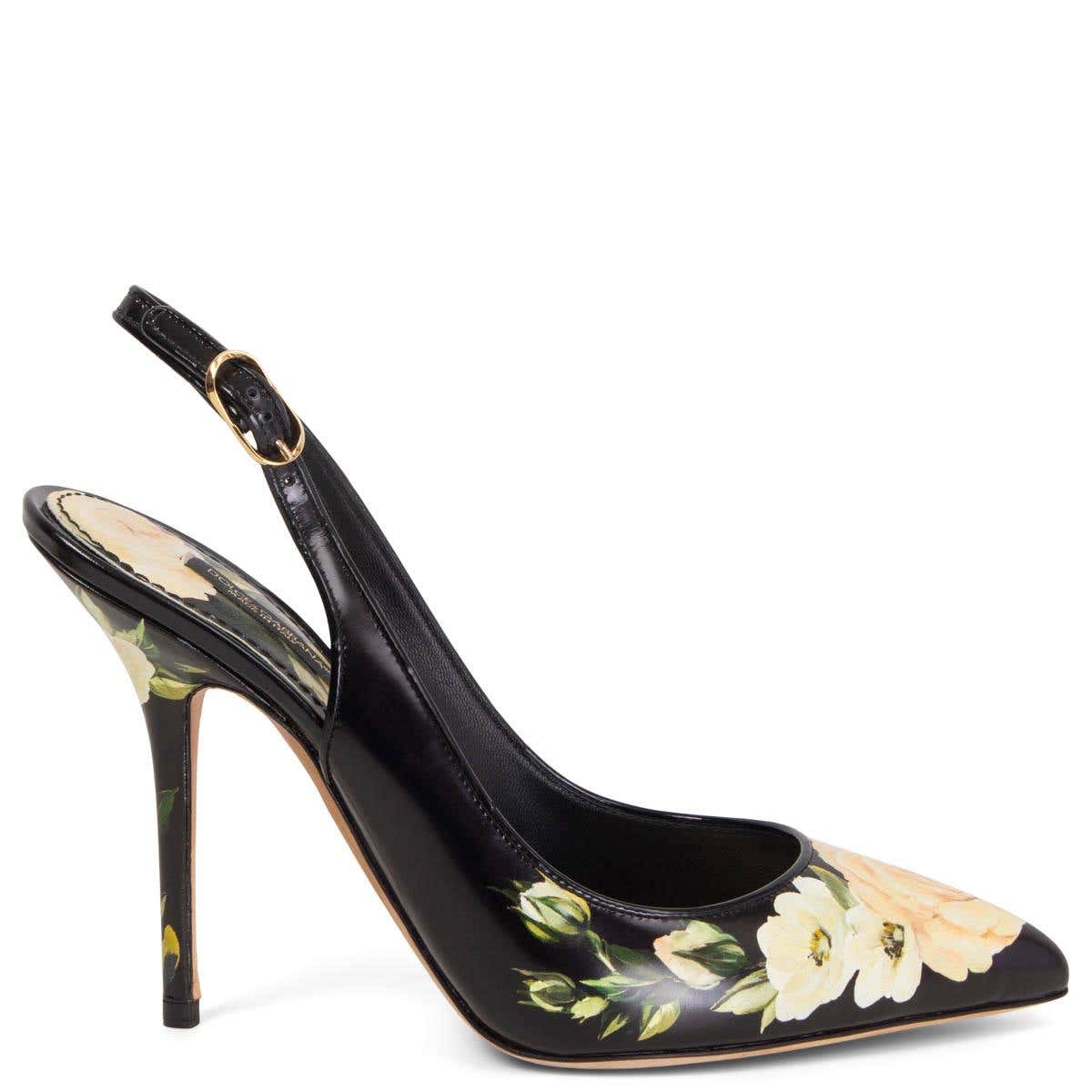 DOLCE and GABBANA black leather ROSE PRINT SLINGBACK Pumps Shoes 39 For Sale at 1stDibs