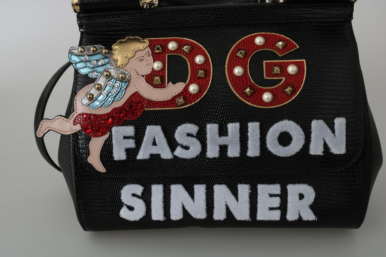 Dolce & Gabbana Black Leather Sicily Angel Fashion Sinner Handbag Shoulder Bag 2